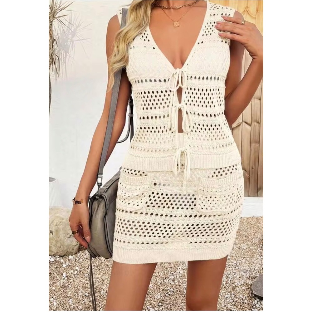 Saodimallsu Beige Crochet Knit 2 Piece Set V-Neck Tie Front Top & Mini Skirt L